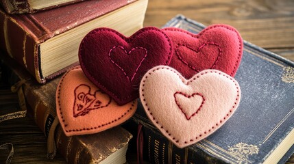 Valentine's handmade felt bookmarks shaped as hearts in deep red and blush pink tones with sewn designs