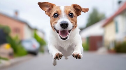 Joyful dog leaps through the air in cheerful playfulness