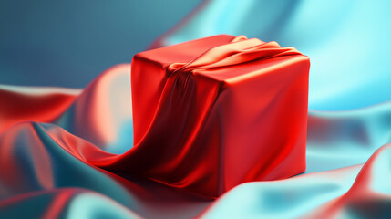Square box covered with realistic red silk fabric isolated on light background. 3D realistic illustration. Vector illustration.