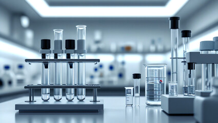 Soft blurred background of a medical laboratory with test tubes and equipment, perfect for overlaying research data