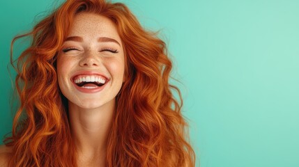 Joyful moment of a woman with red hair engaging on her mobile phone