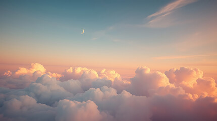 Ethereal cloudscape, sunset sky, pink and orange clouds, aerial view, dreamy atmosphere, soft lighting, wispy cirrus clouds, high altitude perspective, pastel colors, serene mood, heavenly scenery, co