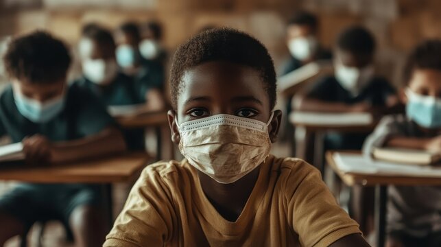 Schoolboy focuses intently while writing during a masked classroom session