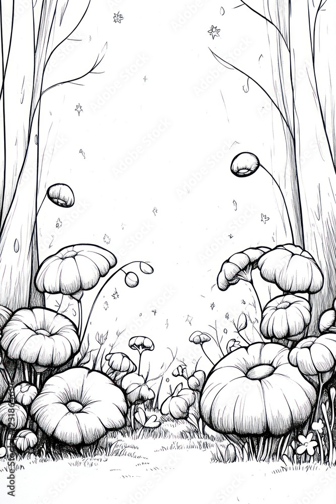Poster a black and white illustration of a path in a forest with mushrooms on either side.