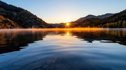 Serene sunset reflection over a misty mountain lake