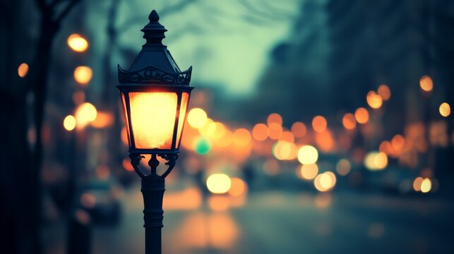 Warm light radiating from a vintage street lamp softly illuminating a blurred cityscape at dusk, creating a mesmerizing urban nightscape filled with enchanting ambiance