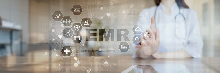 EHR Electronic Health Records and Medical Data Management Illustrated on a Virtual Screen.