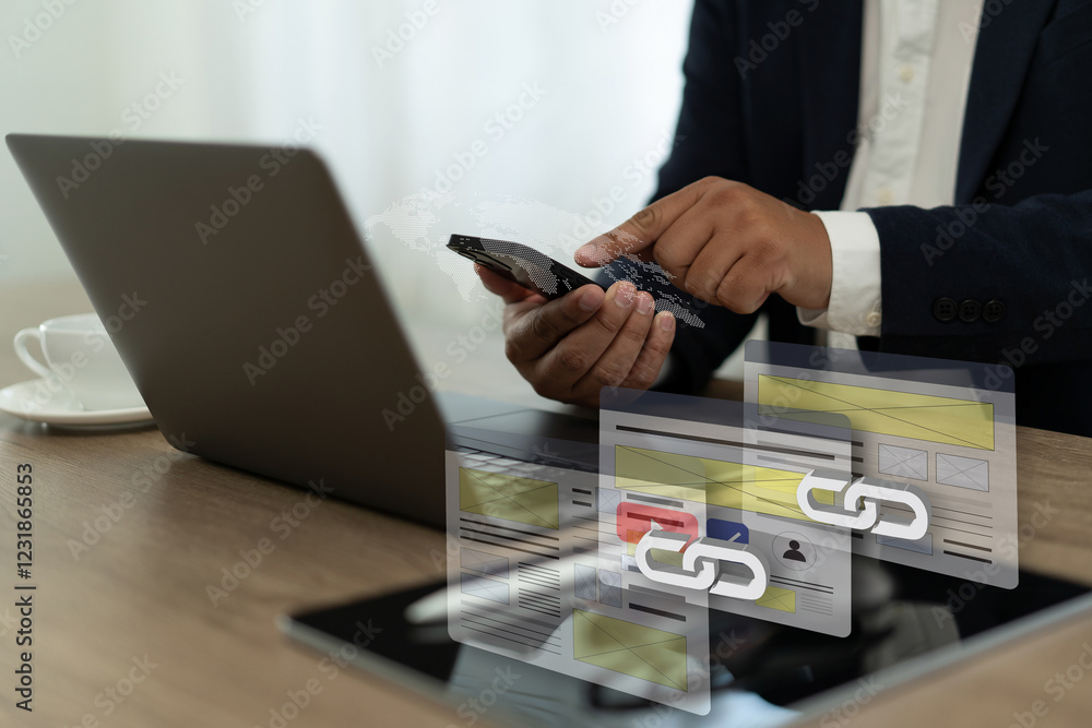 Poster backlinks laptop to access a website, and the website is linked backlinks technology online web