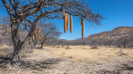 Sausage tree pods hanging, arid landscape, African savanna, sunny day, nature photography