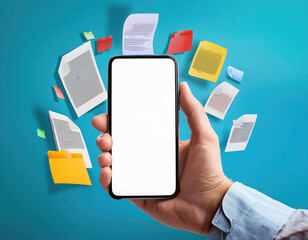 Smartphone held in hand with white screen, colorful floating documents around on light blue background