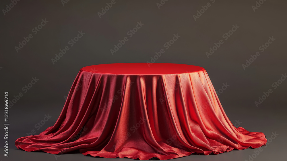 Poster natural 3d podium for product display. round podium covered with red cloth composition for modern st