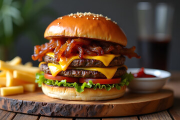 Double cheeseburger with crispy bacon and fries on wooden board