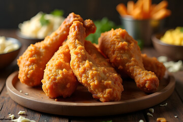 Crispy fried chicken drumsticks on wooden plate