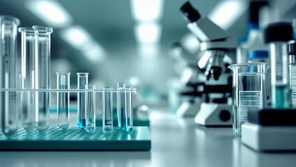 Soft blurred background of a medical laboratory with test tubes and equipment, perfect for overlaying research data