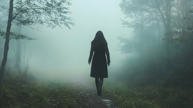 A woman with a long coat and boots walking through a foggy forest path - Powered by Adobe
