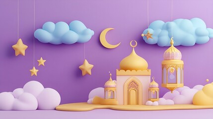  Eid celebration with golden mosque, crescent moon, lanterns, and fluffy clouds on a soft purple background