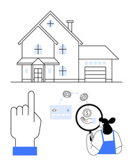 Hand pointing to house with magnifying glass overhand and currency symbols, credit card icon, woman analyzing. Ideal for real estate, investments, finances, home loans, banking, budgeting money