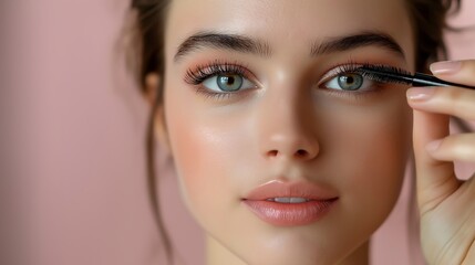 Fototapeta premium A close-up of a woman applying mascara to her long, defined lashes. Her soft pink background complements her flawless complexion, accentuating her expressive blue eyes