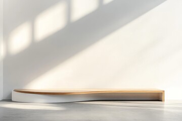 Modern curved wooden bench against white wall with sunlight shadows.