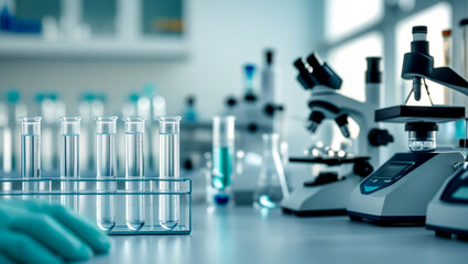 Soft blurred background of a medical laboratory with test tubes and equipment, perfect for overlaying research data