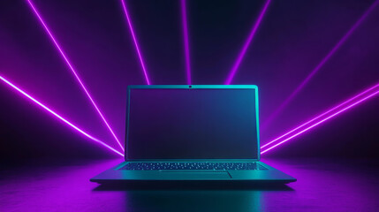 Neon laptop and laser beams on black background. Vector realistic illustration of turquoise computer model and bright shiny purple rays, IT business presentation template with blank space for text