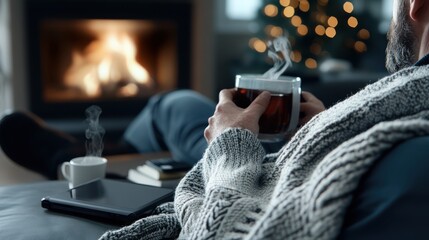 Fototapeta premium Cozy moments by the fireplace with tea and warmth on a winter evening