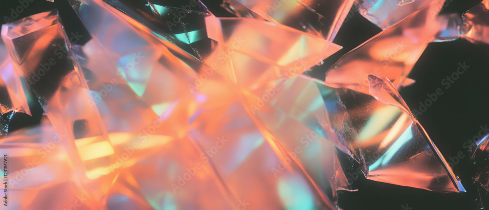 Poster fragmented glass texture with sharp edges and vibrant colors against a dark backdrop