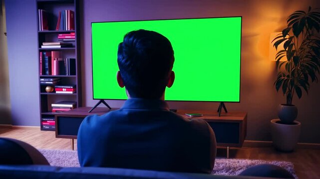 Man watching TV in living room, television screen mockup with green screen, alpha channel, 4K, transparency, ProRes 4444.