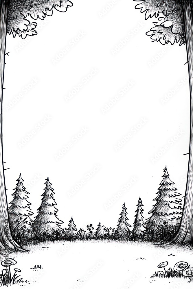 Poster a black and white sketch of a forest path lined with pine trees and mushrooms.