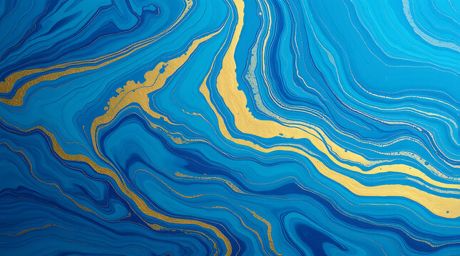 abstract fluid art, marbled texture, blue and gold swirls, liquid patterns, flowing lines, organic shapes, vibrant colors, high contrast, digital painting, acrylic pour technique, luxury aesthetic, dy
