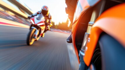 Motorcycle racer speeds past rival on a curvy track during sunset