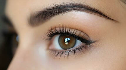 Obraz premium Closeup of a beautiful eye with long eyelashes and perfectly shaped eyebrow in soft natural light