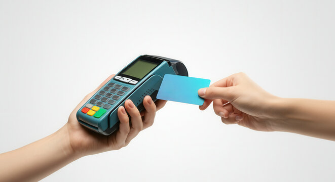 Hand holding a blue card for payment at a card reader