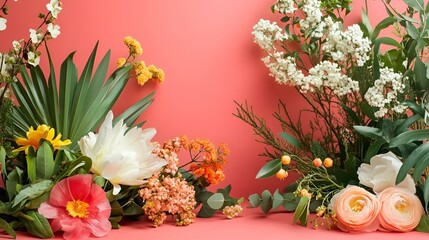 Fototapeta premium Floral arrangement with colorful fresh flowers and green leaves on a vibrant coral background