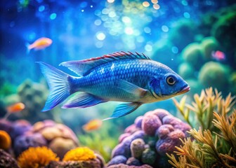 Fototapeta premium Mesmerizing double exposure: vibrant blue cichlids in an underwater paradise.