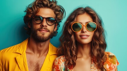 Obraz premium Couple in retro 70s outfits showcases vibrant fashion and dance spirit