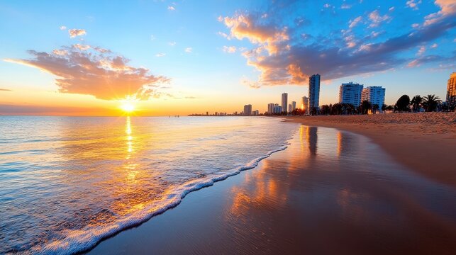 Majestic sunset over a serene beach with city skyline reflections
