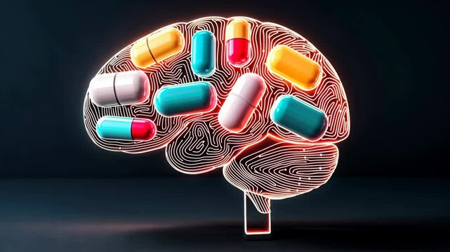 A digital representation of a brain surrounded by colorful capsules, symbolizing the relationship between medication and mental health.