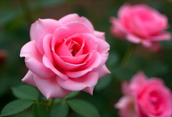A close-up of a pink and peach rose with layered petals, standing upright on a green stem. The background is a soft, blurred green, suggesting a natural outdoor setting. The rose has lush green leaves