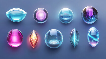 Force shield bubbles, energy glowing spheres or defense dome fields. Science fiction various deflector elements, firewall absolute protection isolated on blue background, Realistic 3d vector set