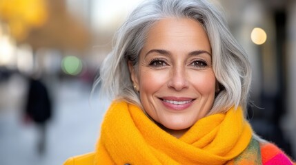 Confident grey-haired woman enjoys a conversation on the street