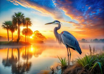 Mystical double exposure: Great Blue Heron silhouetted against Myakka Lake's sunrise.