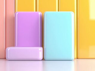 Colorful abstract blocks on a bright backdrop.