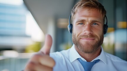 Young businessman pleased with modern office customer service