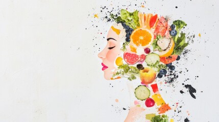 Health in your brain. Fresh vegetables in woman head symbolizing health nutrition on gray background, panorama, copy space