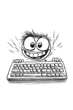 A cartoon character with a big grin is peering over a keyboard.