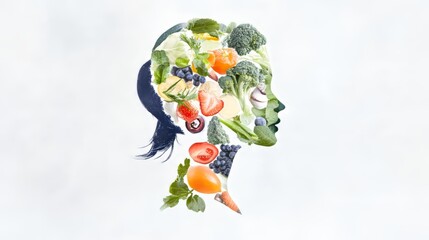 Health in your brain. Fresh vegetables in woman head symbolizing health nutrition on gray background, panorama, copy space