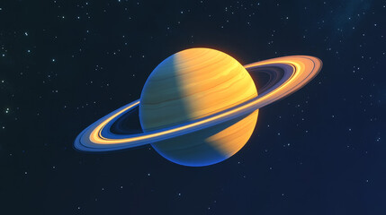 Planet Saturn 3D cartoon vector illustration. Spherical planet with illuminated surface, relief and gas rings isolated on dark blue cosmic background