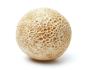 Close-up of a textured, spherical, beige object isolated on white.