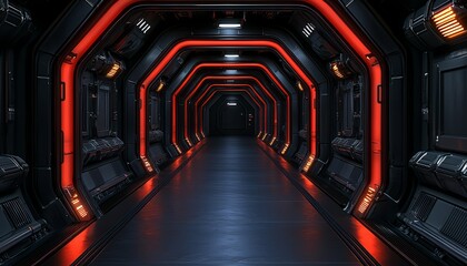 Obraz premium Futuristic Spaceship Corridor Red Lighting Design